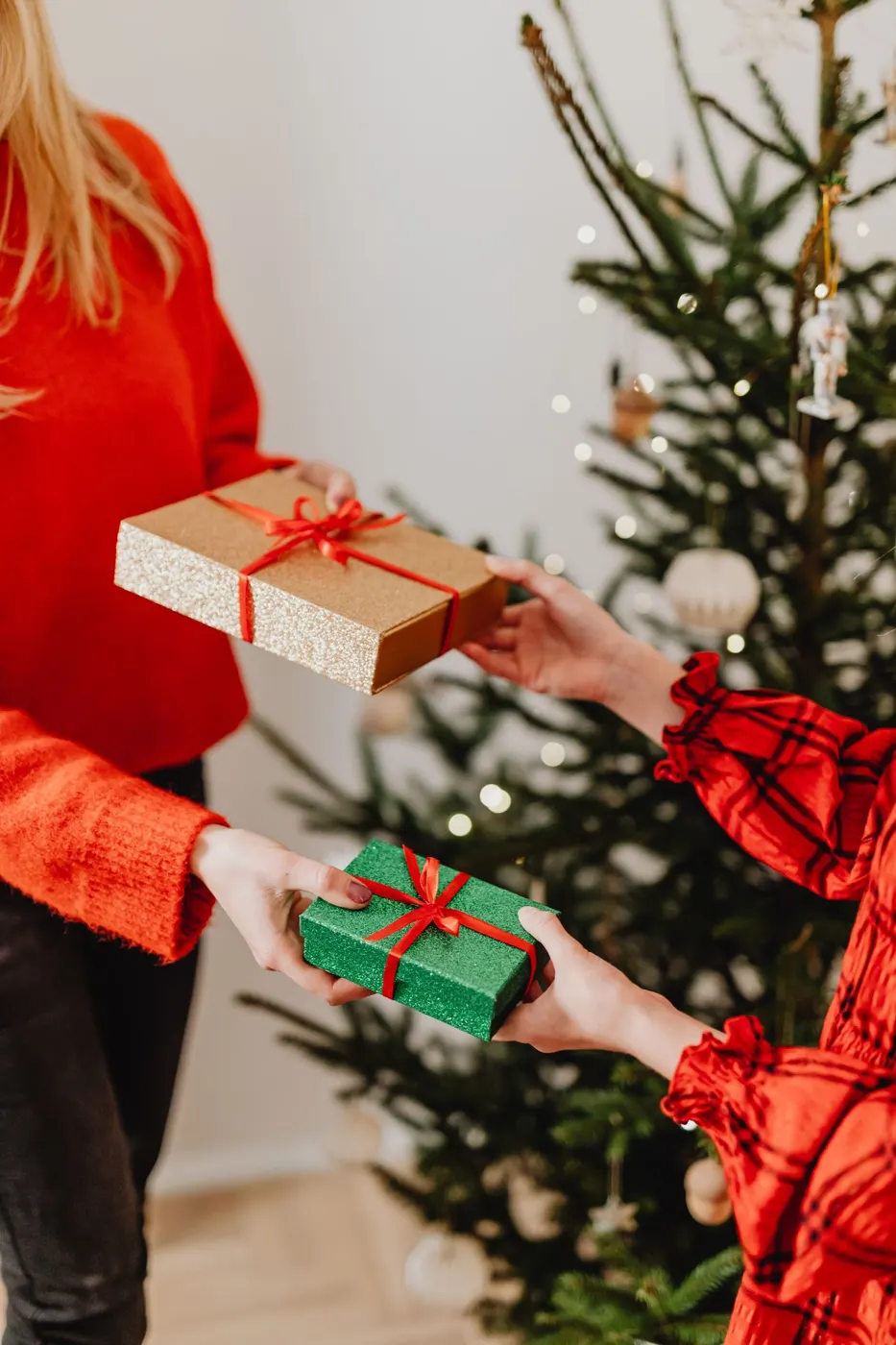 Deux personnes échangent des cadeaux emballés devant un sapin de Noël décoré
